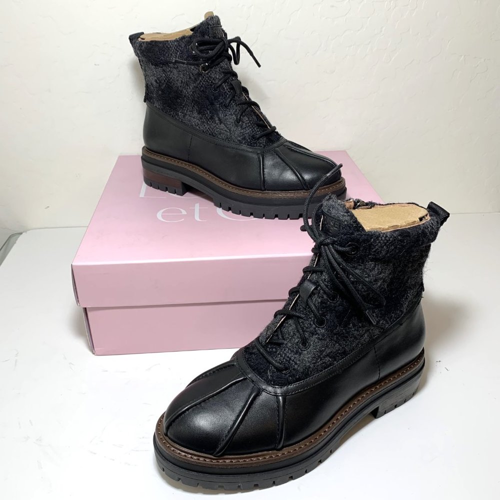 Louise et Cie Sarni Leather Boots Lace Up Lug Sole Booties Black Tweed Size 7